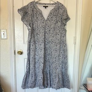 Lane Bryant Blue and White Floral V-Neck Flutter Sleeve Dress